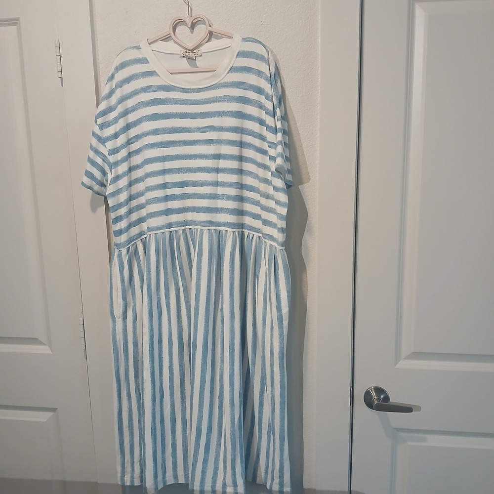 Eddie Bauer Womens XXL Striped Cotton T-Shirt Dress Blue White Midi Pocket